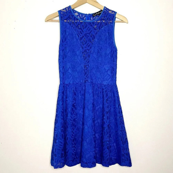 For Love And Lemons Lulu Lace Fit & Flare Dress Illusion Neckline Blue Medium - Picture 2 of 11
